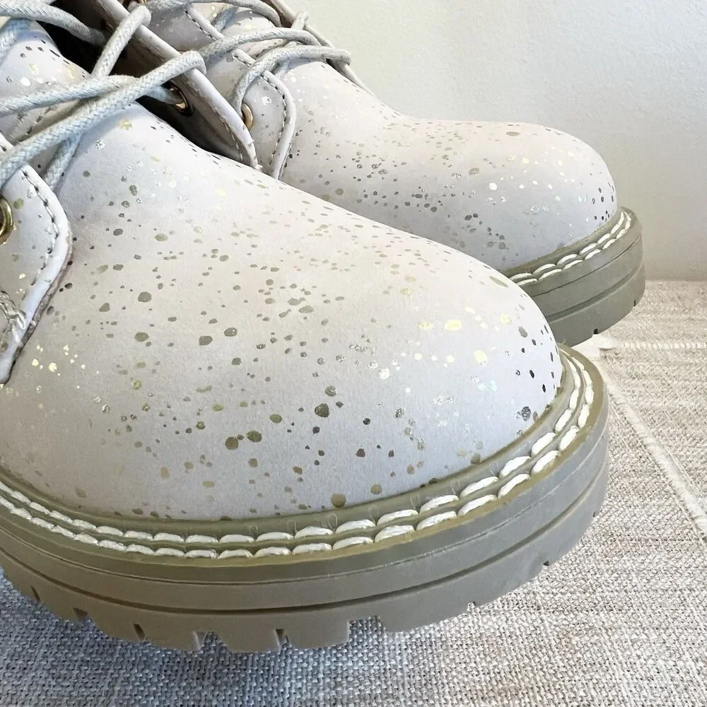 MIA Girl Cammy Combat Boots Beige Gold Paint Splatter NEW Girls Sz 3 Side Zip
